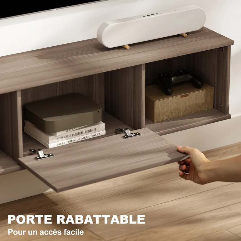 Meuble télévision mural 120 x 30 x 29,5 cm montage 2 niches porte abattante style épuré en panneau de particules marron 21_0002757