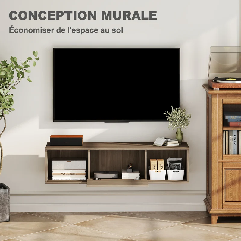 Meuble télévision mural 120 x 30 x 29,5 cm montage 2 niches porte abattante style épuré en panneau de particules marron 21_0002757