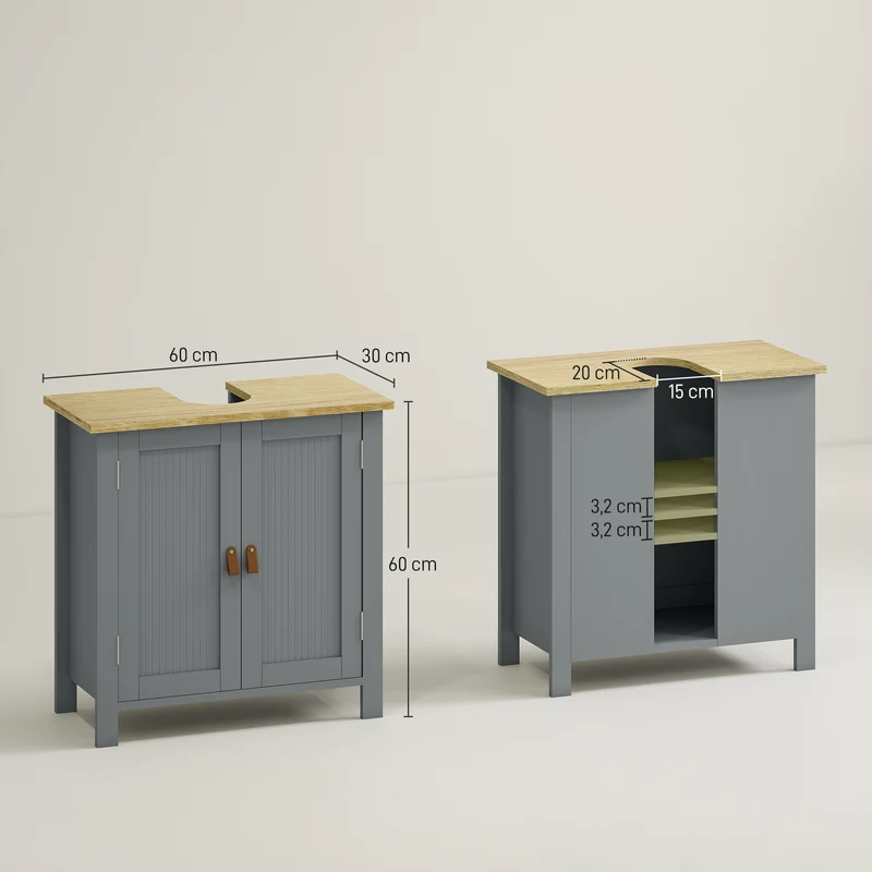 Meuble sous lavabo 60 x 30 x 60 cm découpe en u étagère réglable 2 compartiments style contemporain épuré en MDF gris 21_0001956