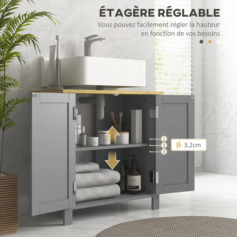Meuble sous lavabo 60 x 30 x 60 cm découpe en u étagère réglable 2 compartiments style contemporain épuré en MDF gris 21_0001956