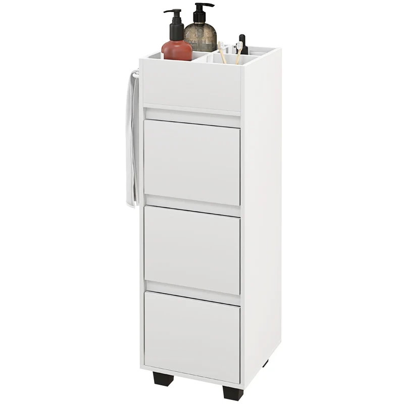 Meuble de rangement pour salle de bain 35 x 30 x 90 cm 3 tiroirs avec porte-serviette épuré en panneau de particules blanc 21_0002028