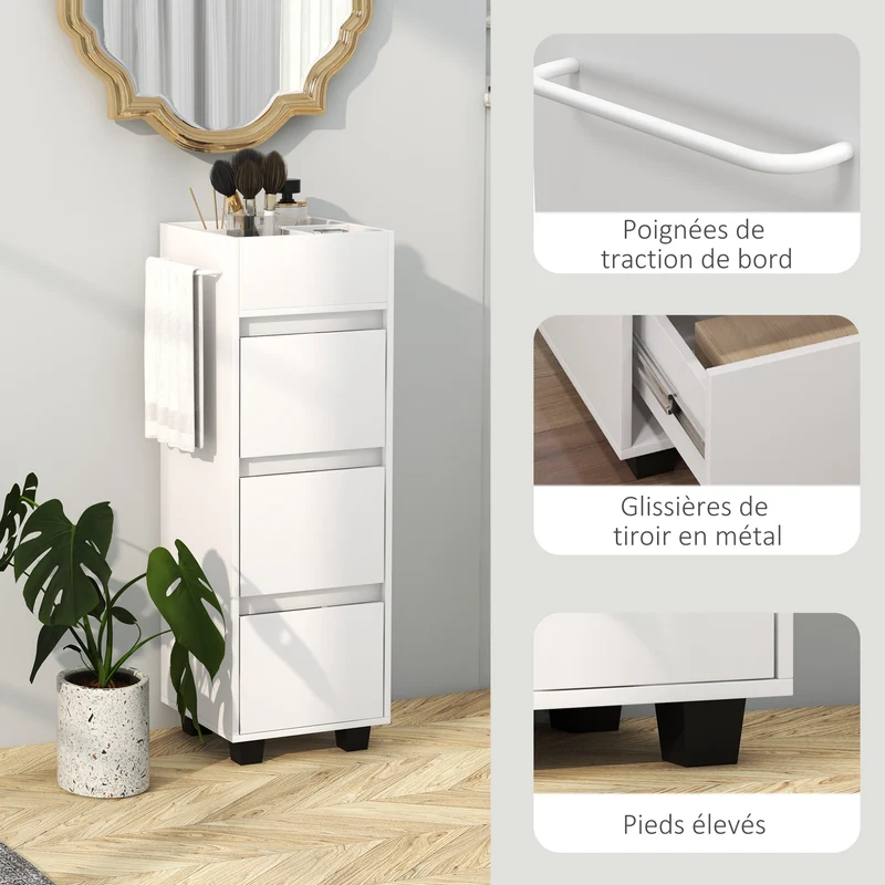 Meuble de rangement pour salle de bain 35 x 30 x 90 cm 3 tiroirs avec porte-serviette épuré en panneau de particules blanc 21_0002028