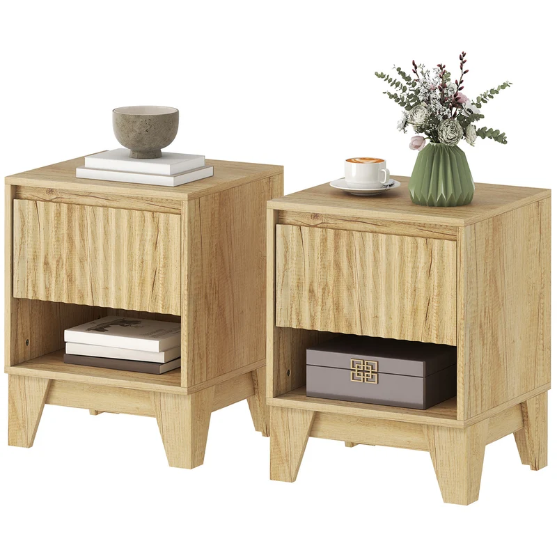 Lot de 2 tables de chevet étroites 43 x 40 x 55 cm tiroir ouvert rangement moderne en panneau de particules bois naturel 21_0003754
