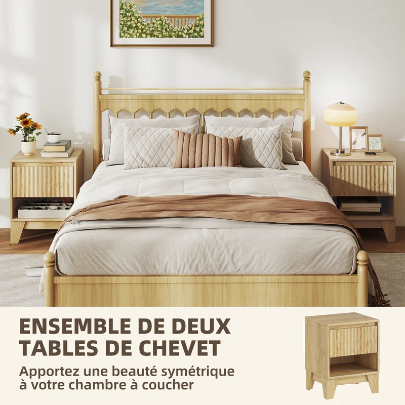 Lot de 2 tables de chevet étroites 43 x 40 x 55 cm tiroir ouvert rangement moderne en panneau de particules bois naturel 21_0003754