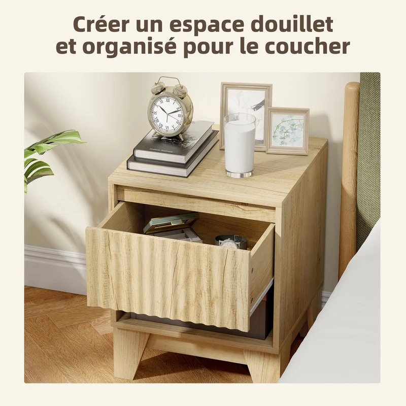 Lot de 2 tables de chevet étroites 43 x 40 x 55 cm tiroir ouvert rangement moderne en panneau de particules bois naturel 21_0003754