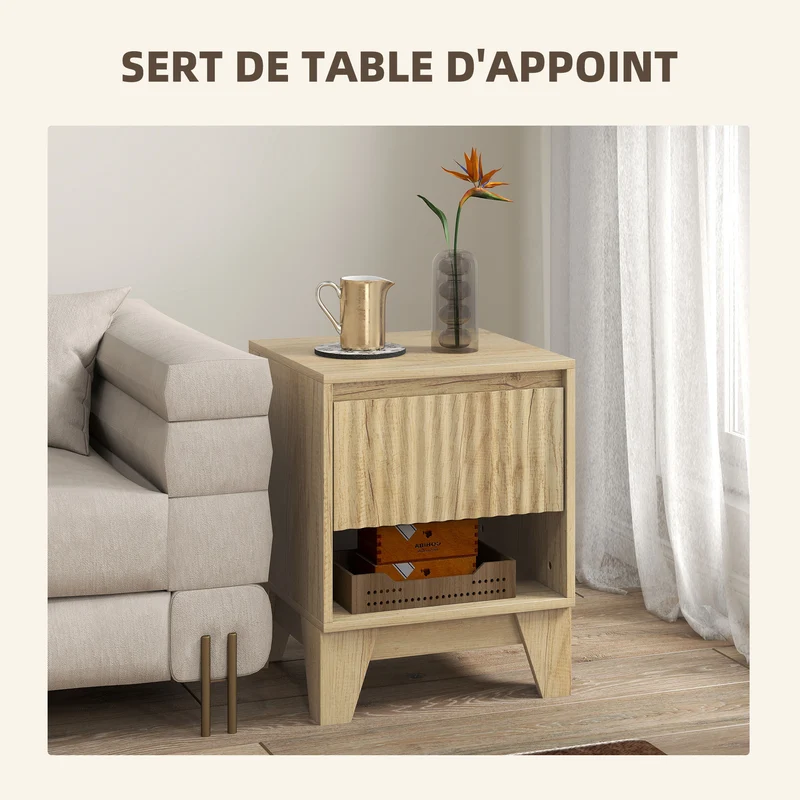 Lot de 2 tables de chevet étroites 43 x 40 x 55 cm tiroir ouvert rangement moderne en panneau de particules bois naturel 21_0003754
