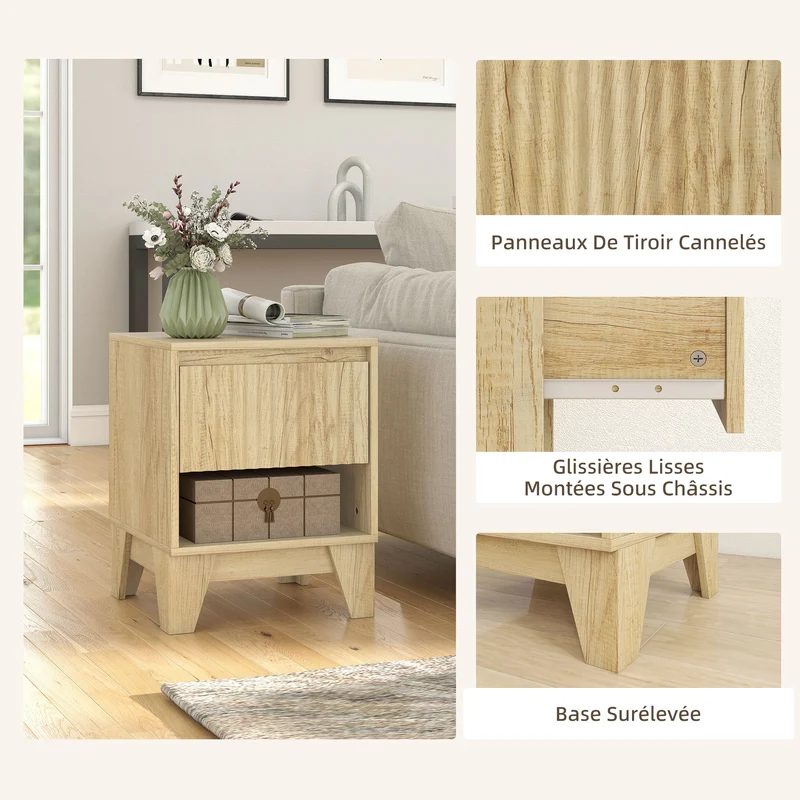 Lot de 2 tables de chevet étroites 43 x 40 x 55 cm tiroir ouvert rangement moderne en panneau de particules bois naturel 21_0003754