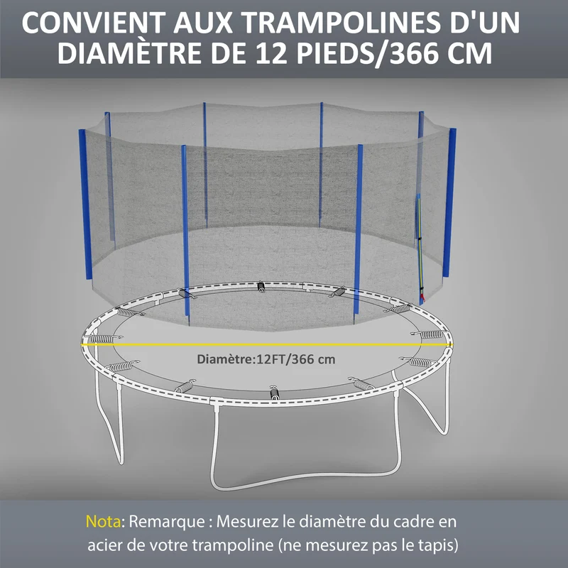 Filet de sécurité pour trampoline 366 x 180 cm entrée zippée anti-chute extérieur résistant durable en polyéthylène bleu 21_0006409