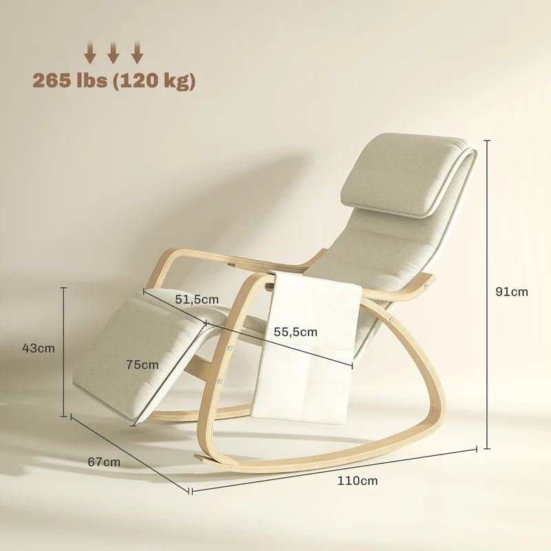 Fauteuil à bascule 67 x 110 x 91 cm repose-pieds 5 positions assise rembourrée scandinave moderne en bois blanc crème 21_0001688