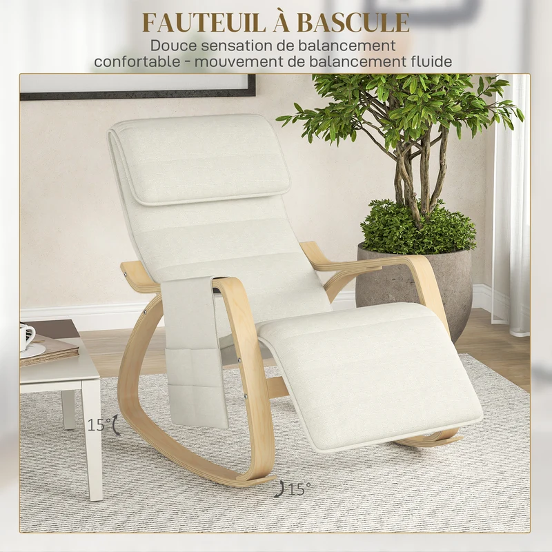Fauteuil à bascule 67 x 110 x 91 cm repose-pieds 5 positions assise rembourrée scandinave moderne en bois blanc crème 21_0001688