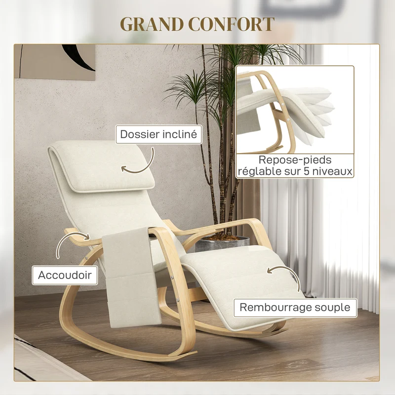 Fauteuil à bascule 67 x 110 x 91 cm repose-pieds 5 positions assise rembourrée scandinave moderne en bois blanc crème 21_0001688