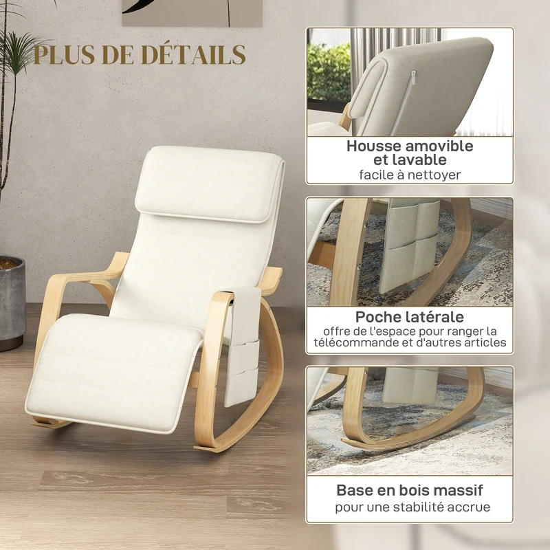 Fauteuil à bascule 67 x 110 x 91 cm repose-pieds 5 positions assise rembourrée scandinave moderne en bois blanc crème 21_0001688