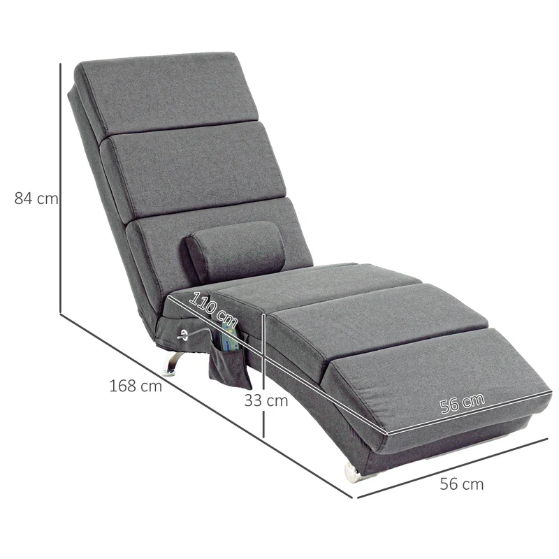 Fauteuil relax chaise longue 56 x 168 x 84 cm massage chauffant 8 points ergonomique contemporain en polyester gris 21_0000825