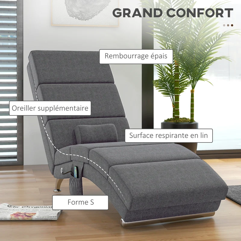 Fauteuil relax chaise longue 56 x 168 x 84 cm massage chauffant 8 points ergonomique contemporain en polyester gris 21_0000825