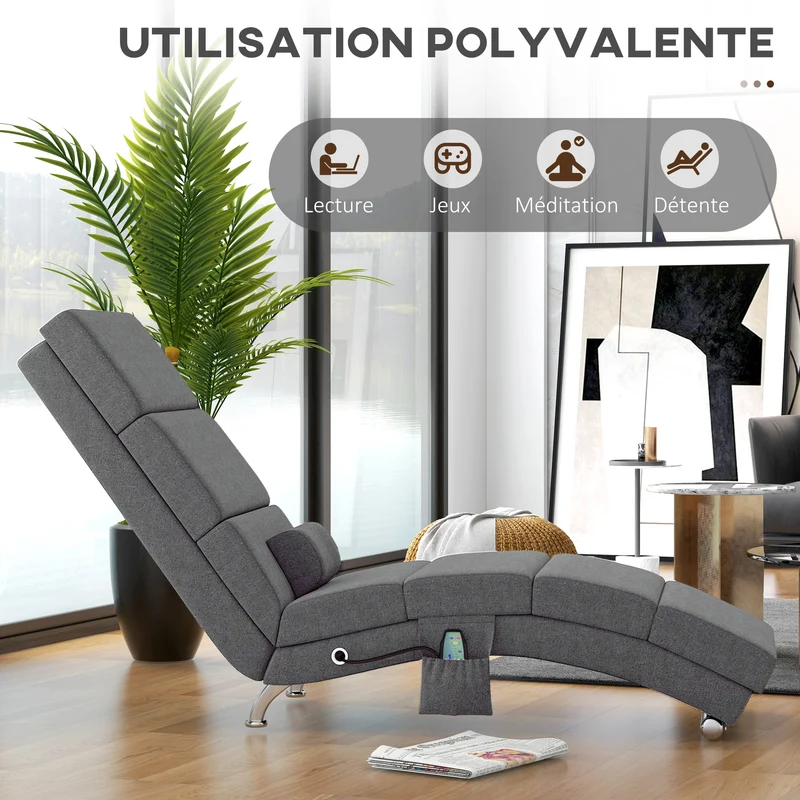 Fauteuil relax chaise longue 56 x 168 x 84 cm massage chauffant 8 points ergonomique contemporain en polyester gris 21_0000825