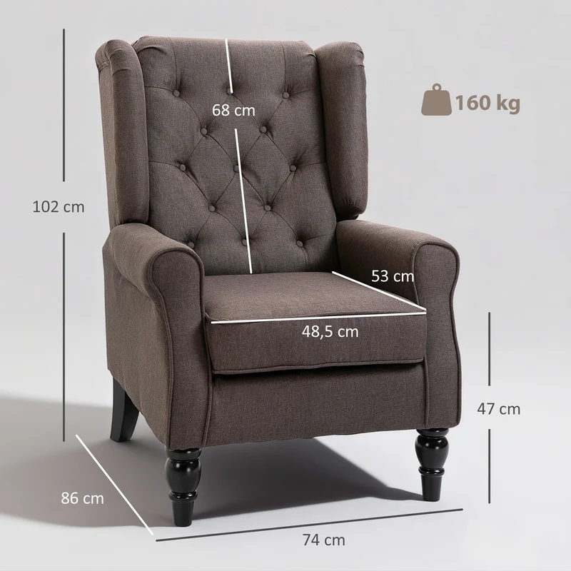 Fauteuil de salon capitonné 74 x 86 x 102 cm assise large rembourrée grand confort classique cosy en polyester marron 21_0001763
