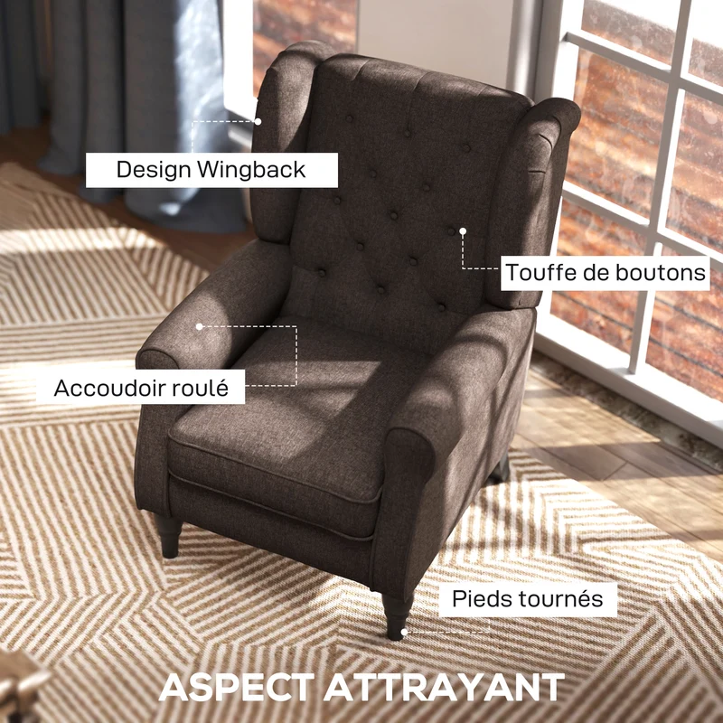 Fauteuil de salon capitonné 74 x 86 x 102 cm assise large rembourrée grand confort classique cosy en polyester marron 21_0001763