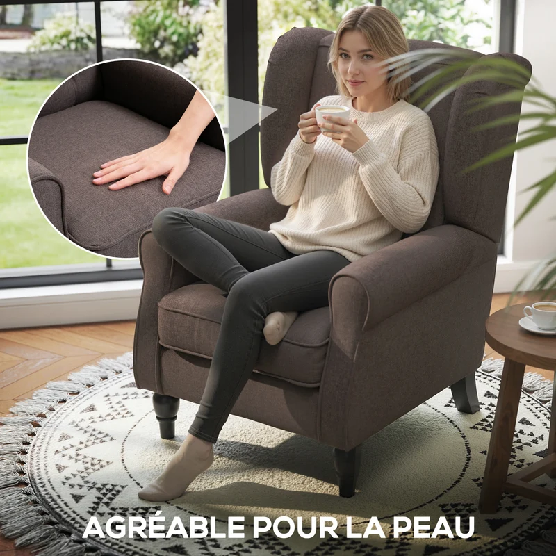 Fauteuil de salon capitonné 74 x 86 x 102 cm assise large rembourrée grand confort classique cosy en polyester marron 21_0001763