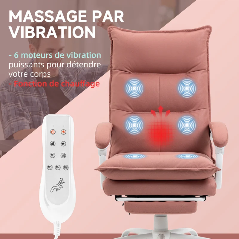 Fauteuil de bureau massant inclinable 66 x 74 x 121,5 cm massage 6 zones chauffage lombaire moderne en microfibre rose 21_0006245