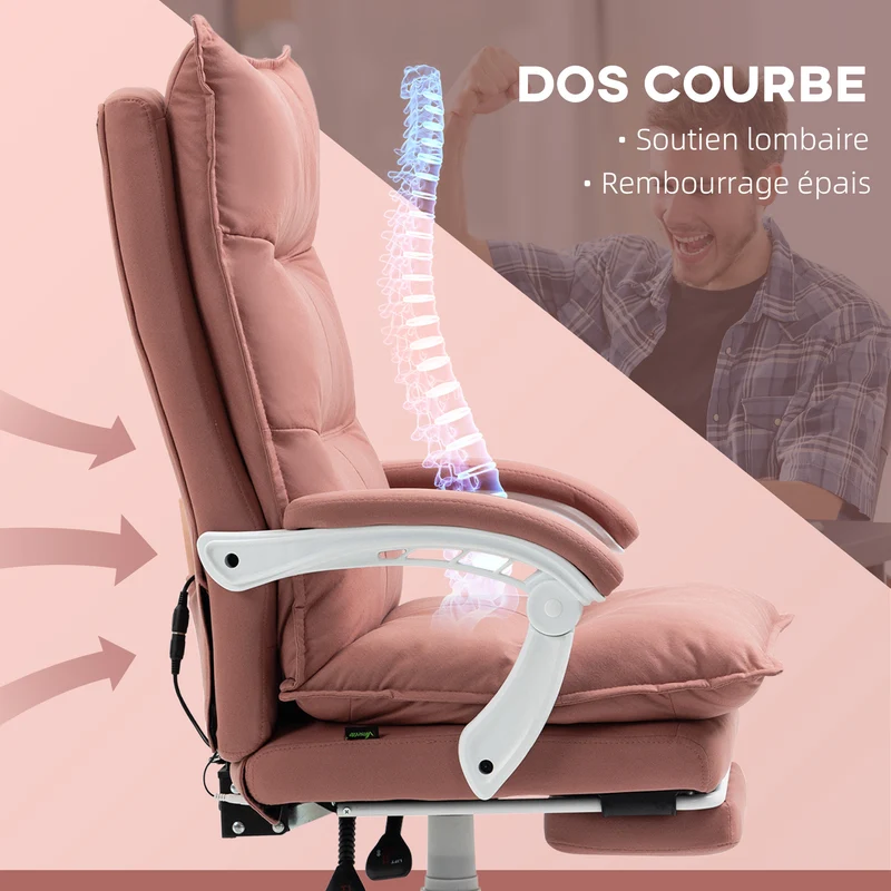 Fauteuil de bureau massant inclinable 66 x 74 x 121,5 cm massage 6 zones chauffage lombaire moderne en microfibre rose 21_0006245