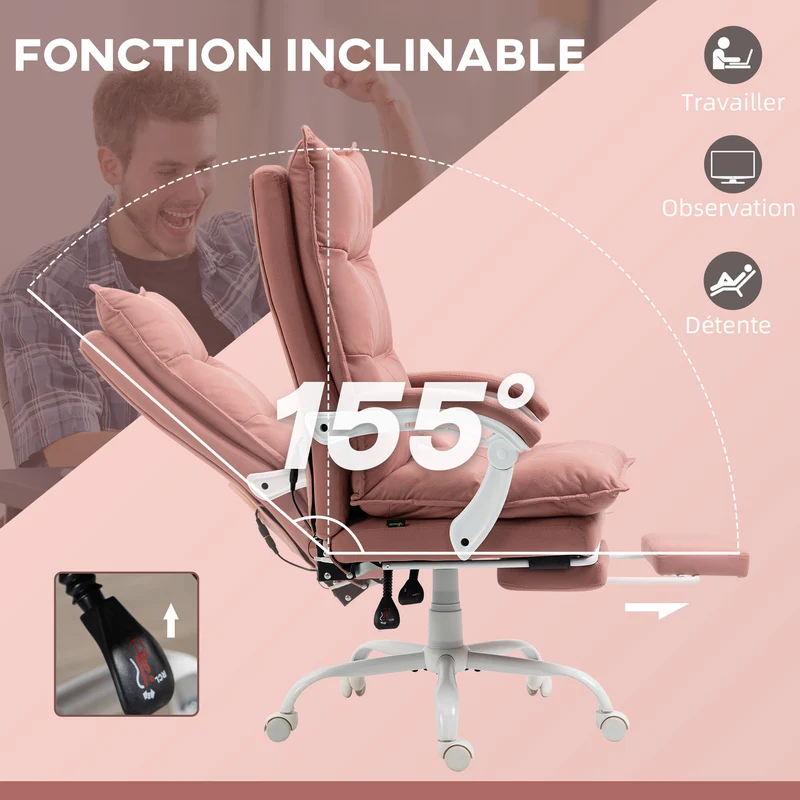 Fauteuil de bureau massant inclinable 66 x 74 x 121,5 cm massage 6 zones chauffage lombaire moderne en microfibre rose 21_0006245