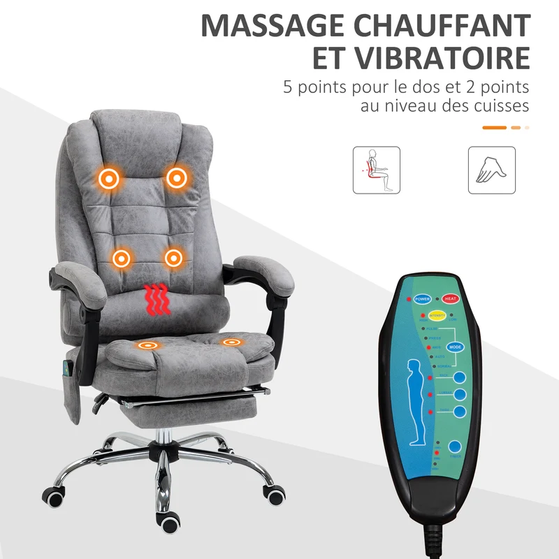 Fauteuil de bureau massant chauffant 65 x 70 x 119 cm dossier inclinable ergonomique moderne en microfibre gris clair 21_0006186