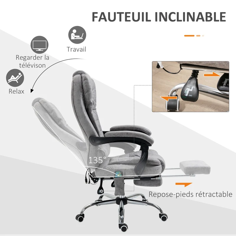 Fauteuil de bureau massant chauffant 65 x 70 x 119 cm dossier inclinable ergonomique moderne en microfibre gris clair 21_0006186