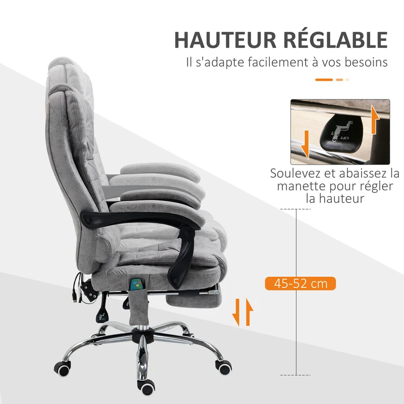 Fauteuil de bureau massant chauffant 65 x 70 x 119 cm dossier inclinable ergonomique moderne en microfibre gris clair 21_0006186