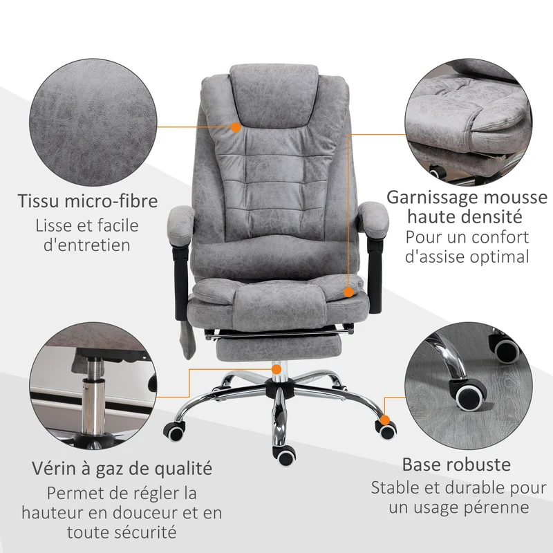 Fauteuil de bureau massant chauffant 65 x 70 x 119 cm dossier inclinable ergonomique moderne en microfibre gris clair 21_0006186