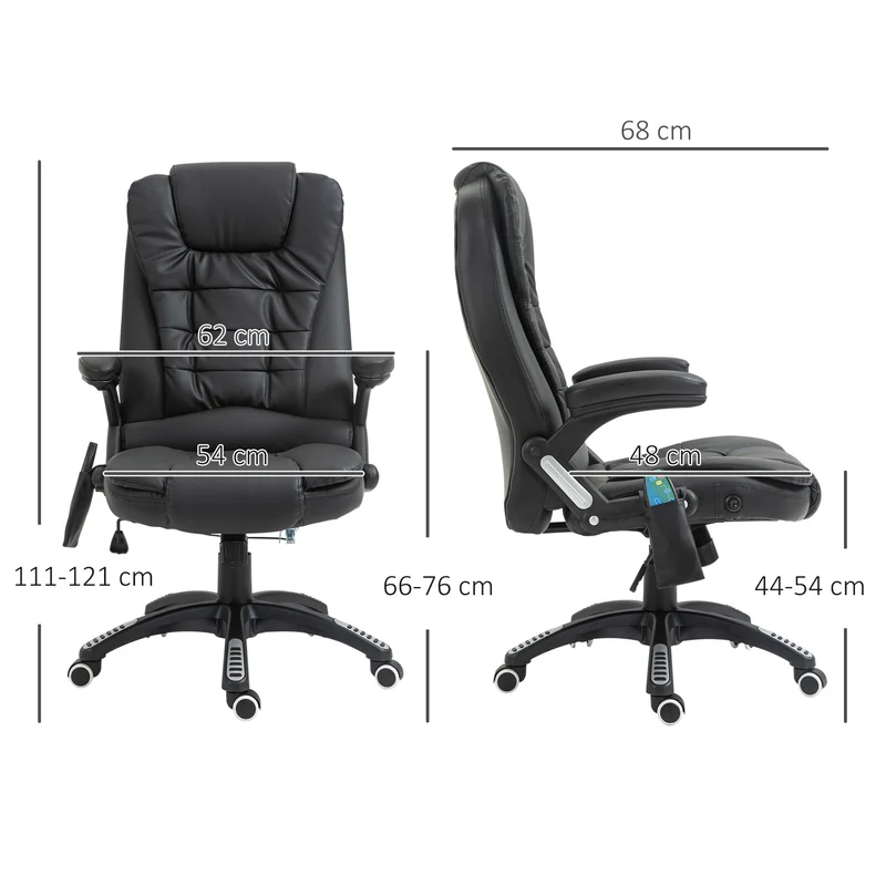 Fauteuil de bureau massant chauffant 62 x 68 x 111-121 cm ergonomique réglable détente du dos moderne design en PU noir 21_0006436