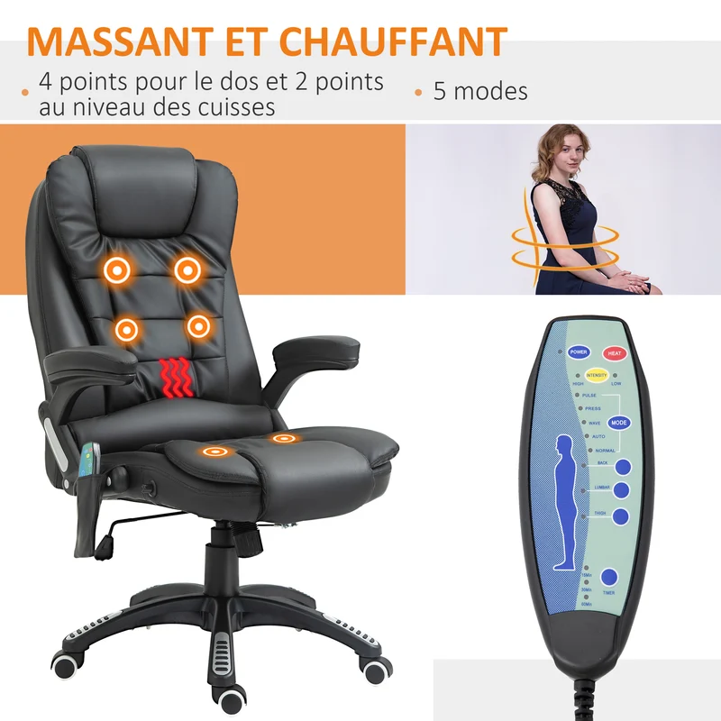Fauteuil de bureau massant chauffant 62 x 68 x 111-121 cm ergonomique réglable détente du dos moderne design en PU noir 21_0006436