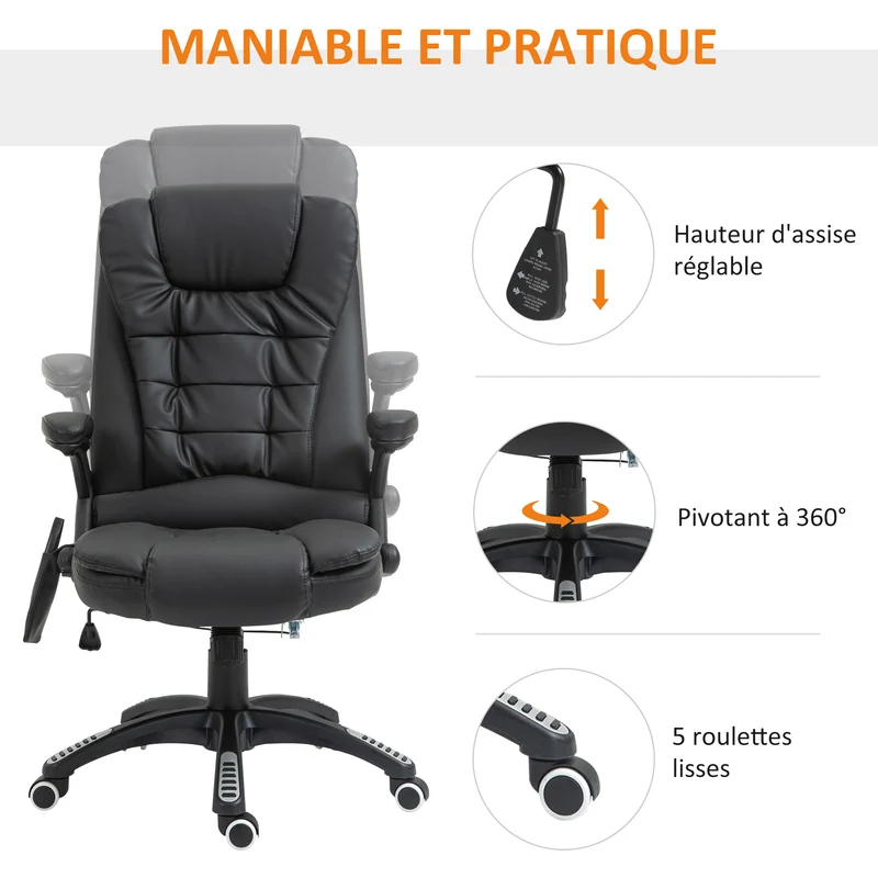 Fauteuil de bureau massant chauffant 62 x 68 x 111-121 cm ergonomique réglable détente du dos moderne design en PU noir 21_0006436