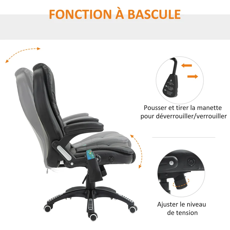 Fauteuil de bureau massant chauffant 62 x 68 x 111-121 cm ergonomique réglable détente du dos moderne design en PU noir 21_0006436