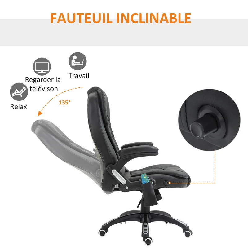 Fauteuil de bureau massant chauffant 62 x 68 x 111-121 cm ergonomique réglable détente du dos moderne design en PU noir 21_0006436