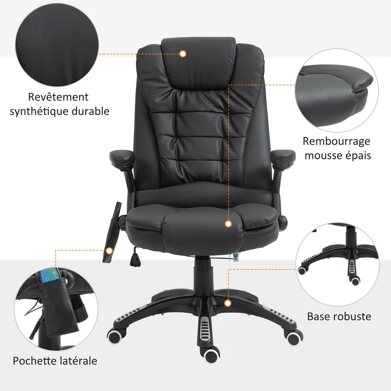 Fauteuil de bureau massant chauffant 62 x 68 x 111-121 cm ergonomique réglable détente du dos moderne design en PU noir 21_0006436