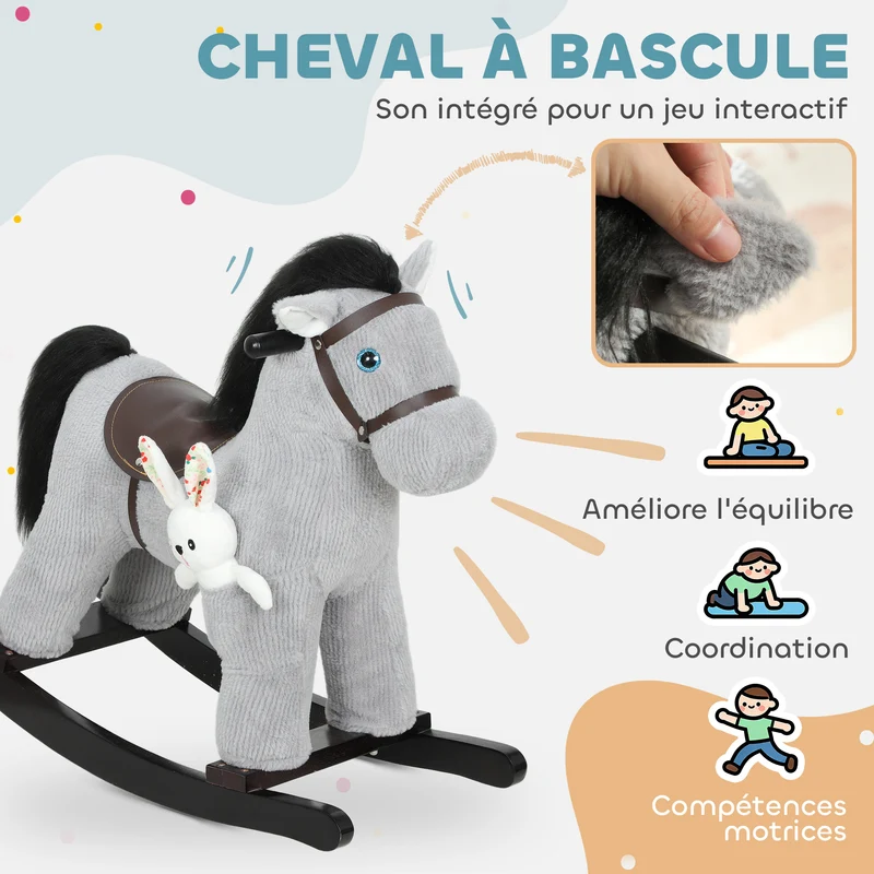 Cheval à bascule pour enfants 71 x 26 x 55 cm assise 35 cm sonore poupée incluse scandinave contemporain en bois gris 21_0000289