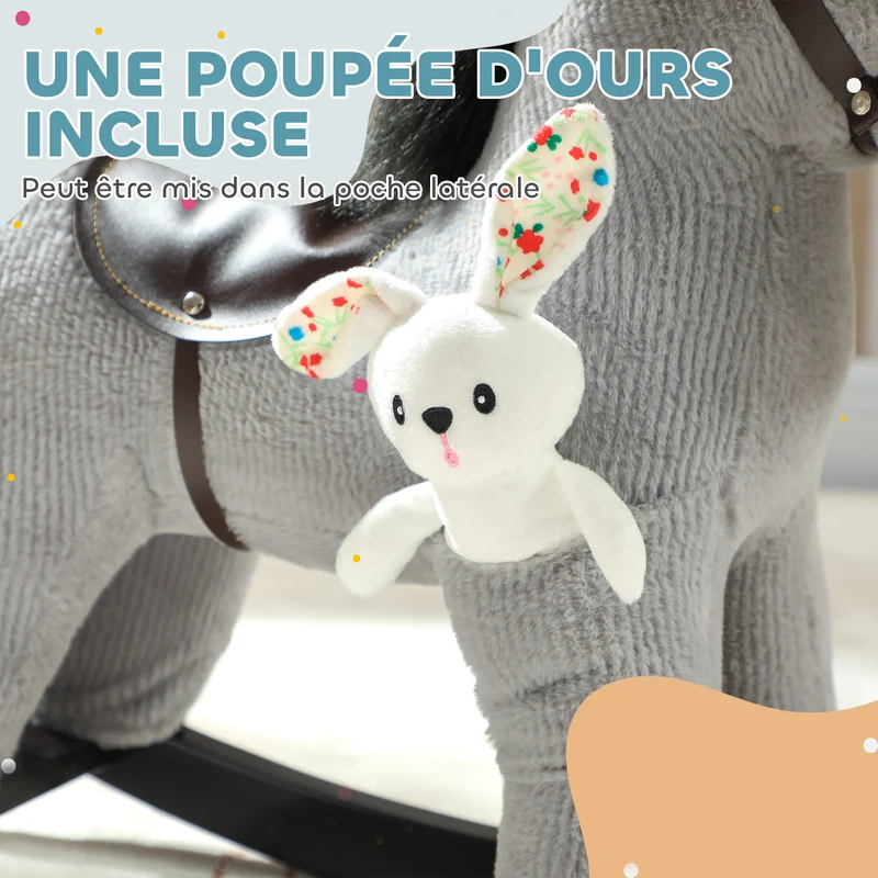 Cheval à bascule pour enfants 71 x 26 x 55 cm assise 35 cm sonore poupée incluse scandinave contemporain en bois gris 21_0000289