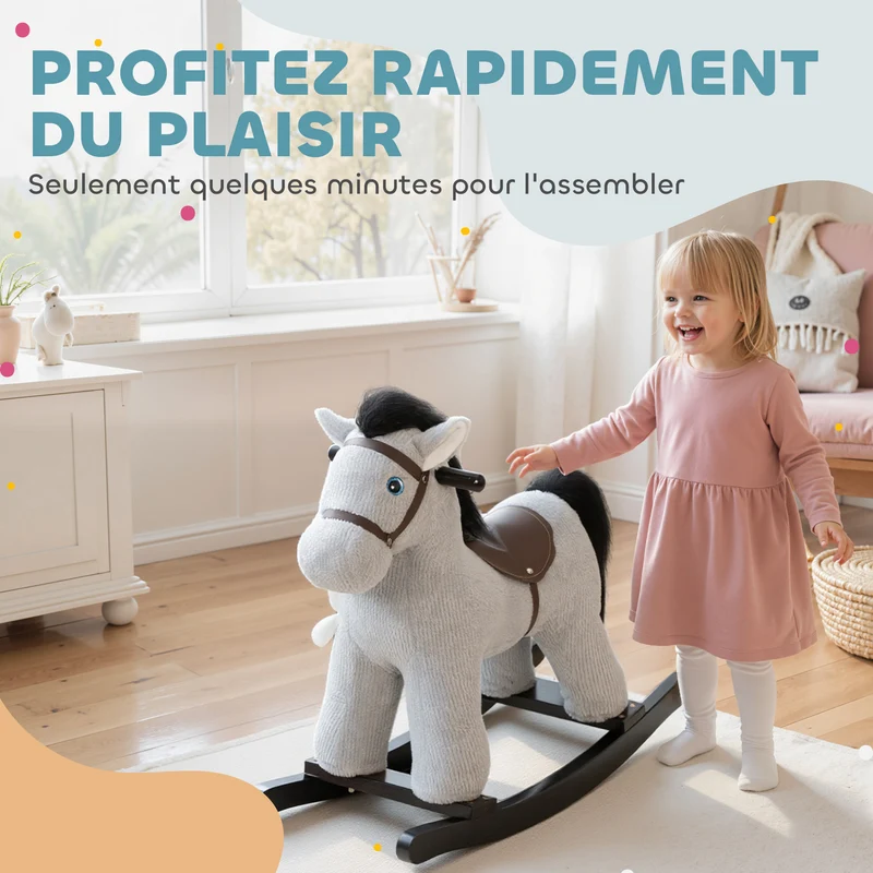 Cheval à bascule pour enfants 71 x 26 x 55 cm assise 35 cm sonore poupée incluse scandinave contemporain en bois gris 21_0000289