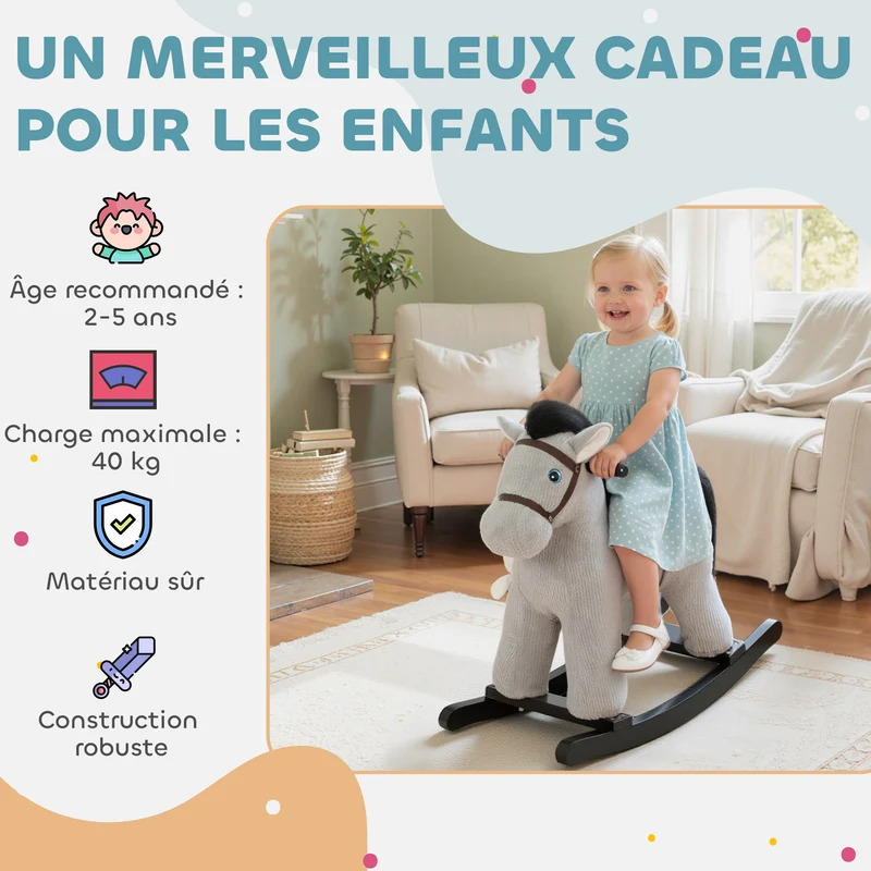 Cheval à bascule pour enfants 71 x 26 x 55 cm assise 35 cm sonore poupée incluse scandinave contemporain en bois gris 21_0000289