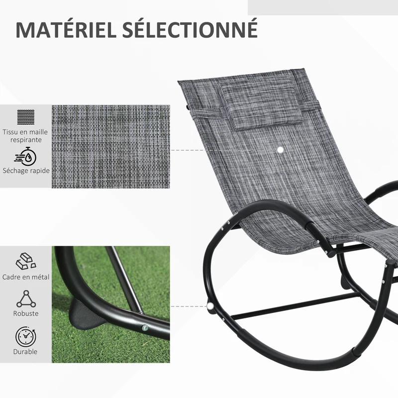 Chaise longue à bascule jardin terrasse 61 x 155 x 88 cm assise ergonomique design contemporain en textilène gris chiné 21_0004481