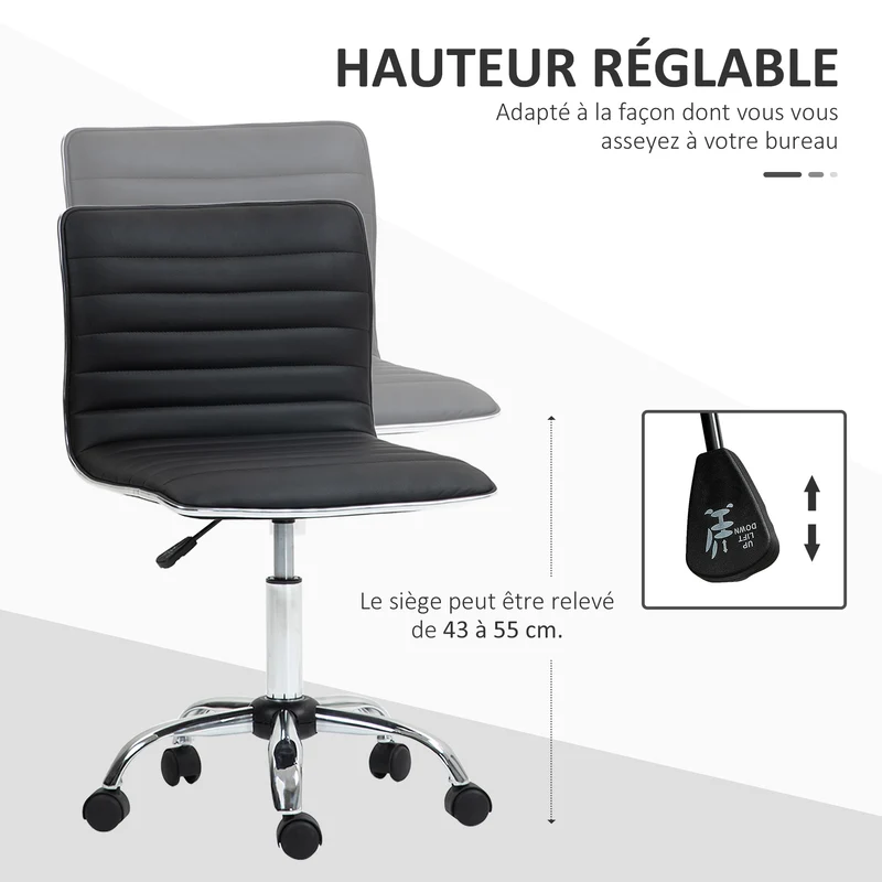 Chaise de bureau pivotante réglable 48 x 52 x 90 cm assise rembourrée ergonomique design épuré en polyuréthane noir 21_0006146