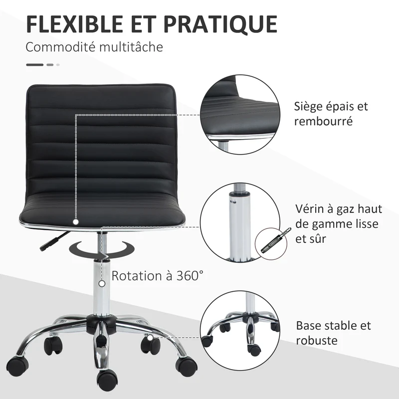 Chaise de bureau pivotante réglable 48 x 52 x 90 cm assise rembourrée ergonomique design épuré en polyuréthane noir 21_0006146