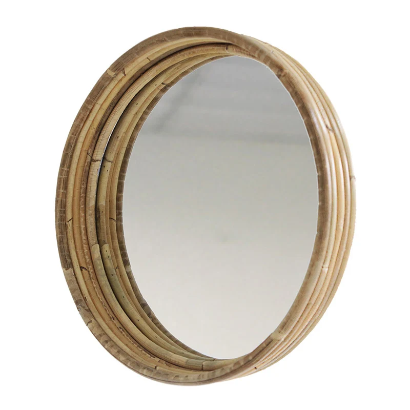 Contemporary Scandinavian Handwoven Indonesian Rattan Round Wall Mirror - Natural Woven Decorative Mirror For Living Room, Bedroom & Entryway