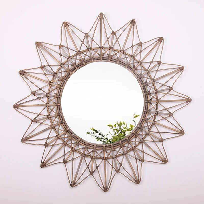 Contemporary Boho Sunburst Handwoven Indonesian Rattan Wall Mirror - Nordic Natural Decorative Round Mirror For Living Room, Bedroom & Entryway