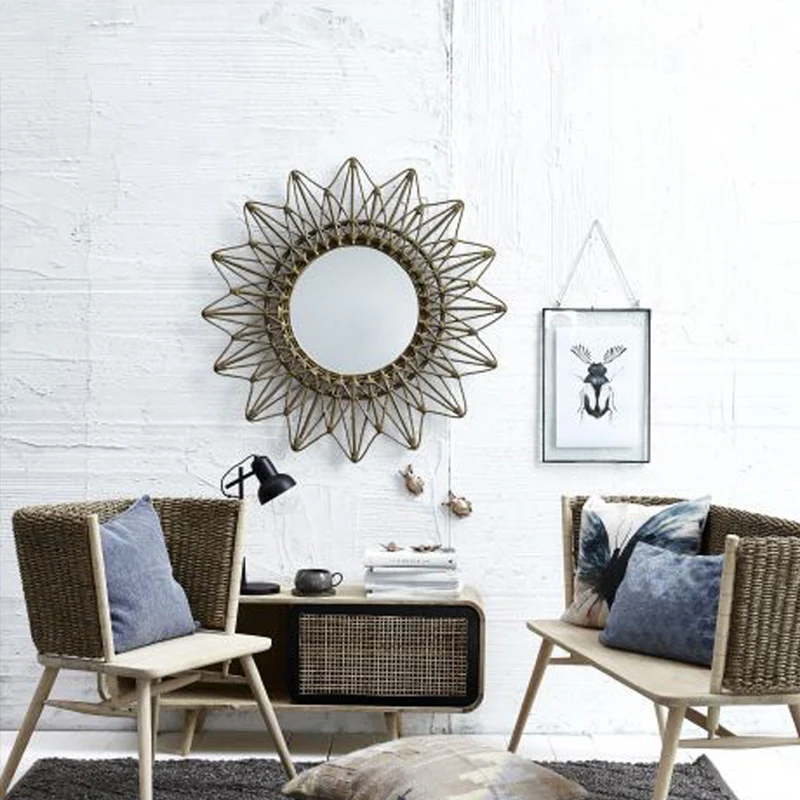 Contemporary Boho Sunburst Handwoven Indonesian Rattan Wall Mirror - Nordic Natural Decorative Round Mirror For Living Room, Bedroom & Entryway