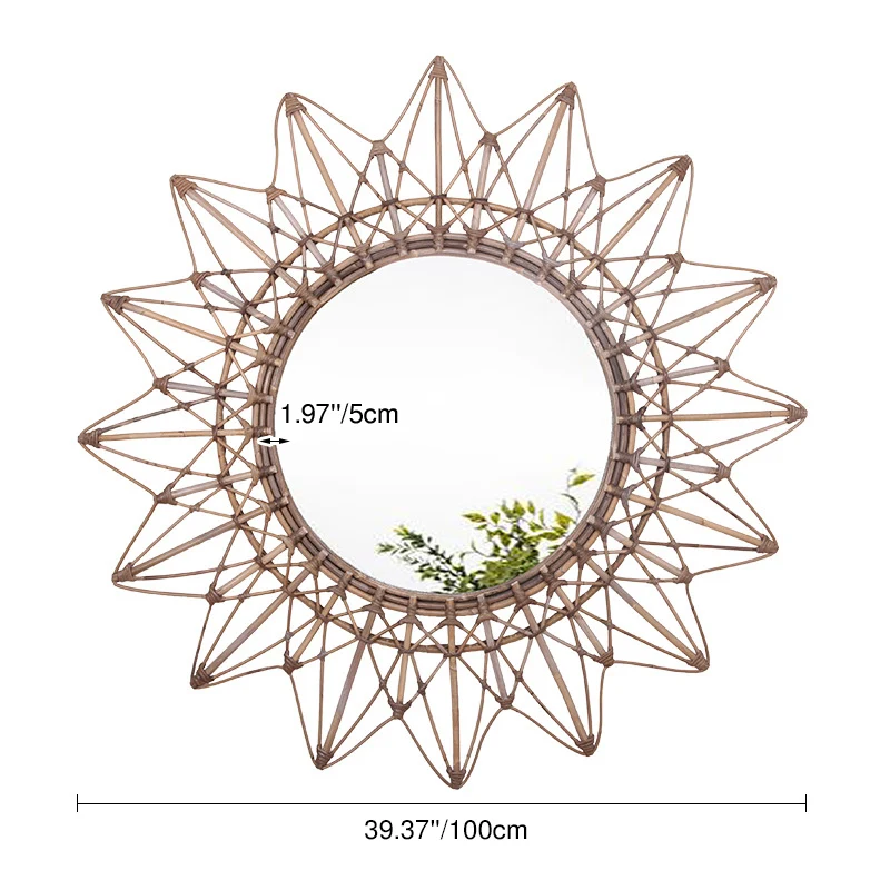 Contemporary Boho Sunburst Handwoven Indonesian Rattan Wall Mirror - Nordic Natural Decorative Round Mirror For Living Room, Bedroom & Entryway