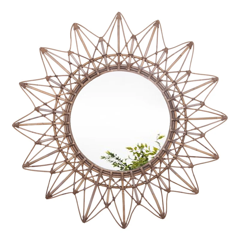 Contemporary Boho Sunburst Handwoven Indonesian Rattan Wall Mirror - Nordic Natural Decorative Round Mirror For Living Room, Bedroom & Entryway