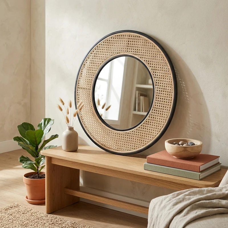 Contemporary Iron & Natural Rattan Round Wall Mirror - Nordic Functional Art Piece & Sizes Available For Living Room