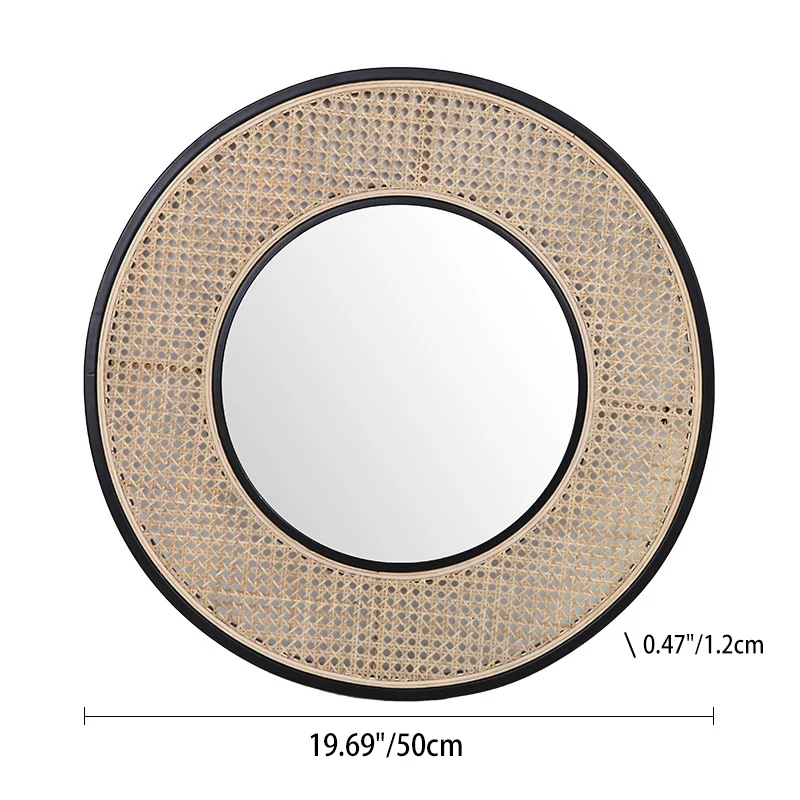 Contemporary Iron & Natural Rattan Round Wall Mirror - Nordic Functional Art Piece & Sizes Available For Living Room