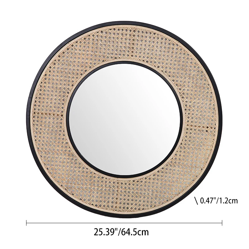 Contemporary Iron & Natural Rattan Round Wall Mirror - Nordic Functional Art Piece & Sizes Available For Living Room